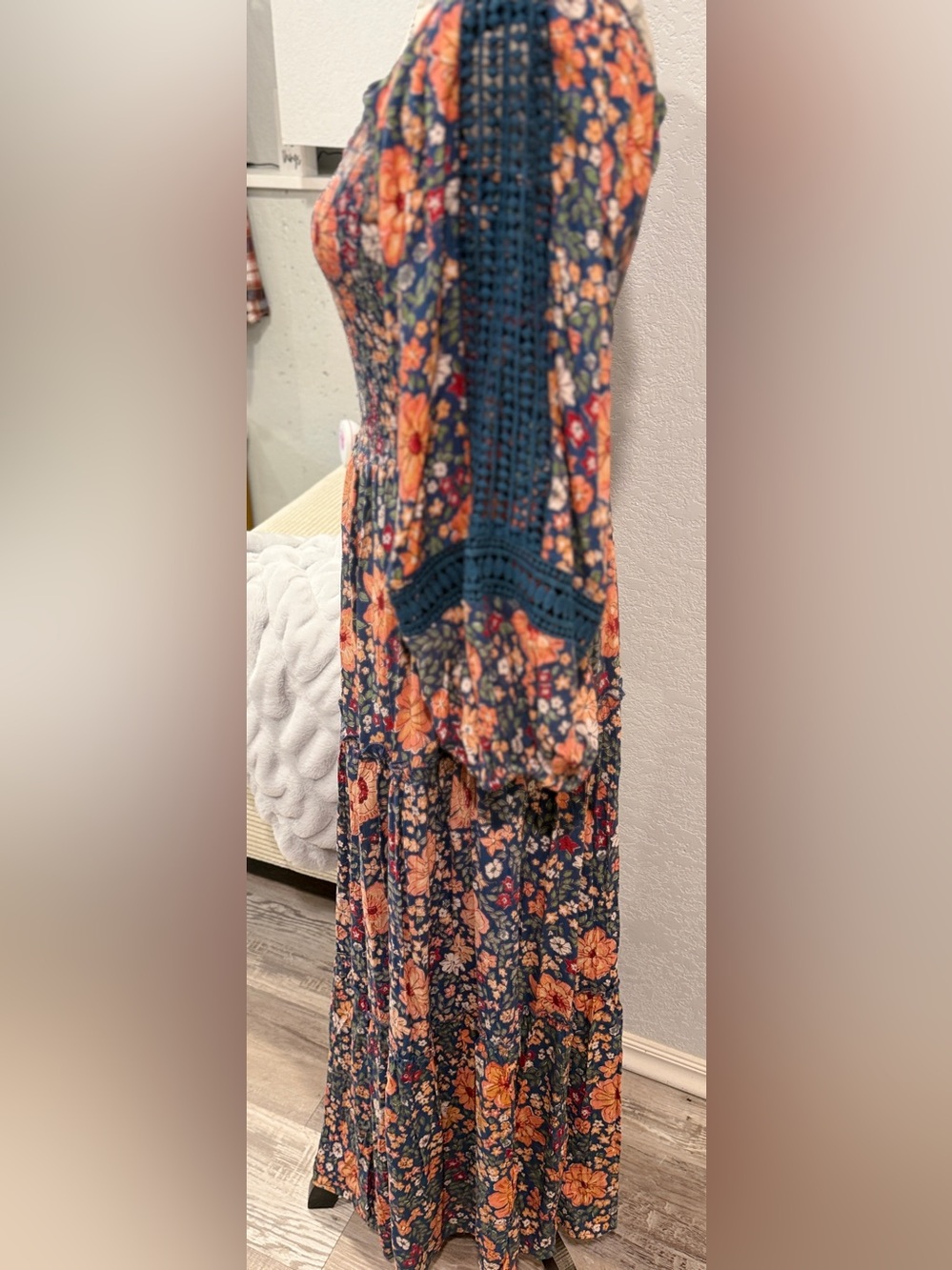 Angie Floral Maxi Dress Medium Boho Cottagecore Smocked Crochet Sleeve 100%Rayon - Picture 5 of 8